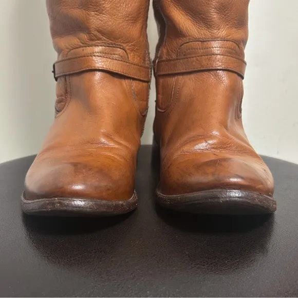 Frye Saddle Brown Pebble Leather Shirley Rivet Tall Side Zipper Boot 9 B *Stains
