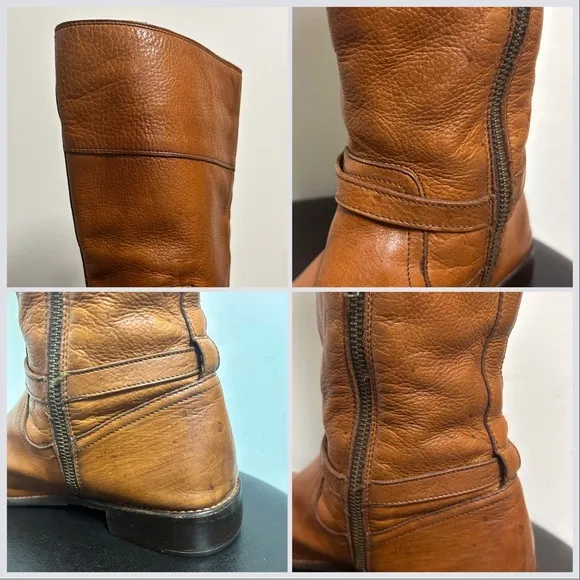 Frye Saddle Brown Pebble Leather Shirley Rivet Tall Side Zipper Boot 9 B *Stains