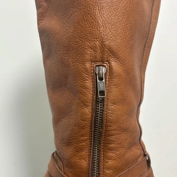 Frye Saddle Brown Pebble Leather Shirley Rivet Tall Side Zipper Boot 9 B *Stains