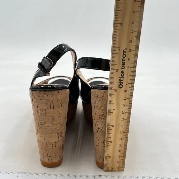 FSJ Black Peep Toe High Heel Wedge Sandals Slip on Cork Slingback Dress Pumps