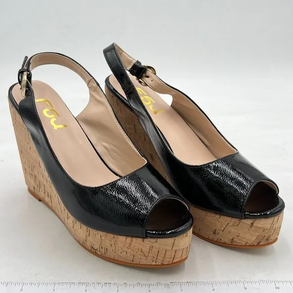 FSJ Black Peep Toe High Heel Wedge Sandals Slip on Cork Slingback Dress Pumps