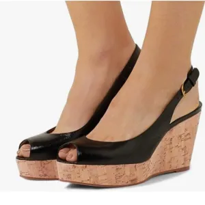 FSJ Black Peep Toe High Heel Wedge Sandals Slip on Cork Slingback Dress Pumps