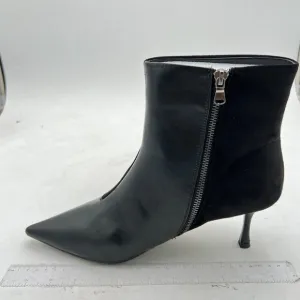 FSJ Black Pointed Toe Ankle Booties Mid High Heel Office Lady Comfy Daily Shoes