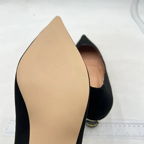 FSJ Black Suede Bridal Pointed Toe Chunky Low Heel Crystal Slip on Wedding Pumps