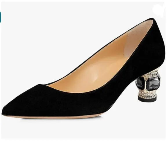 FSJ Black Suede Bridal Pointed Toe Chunky Low Heel Crystal Slip on Wedding Pumps