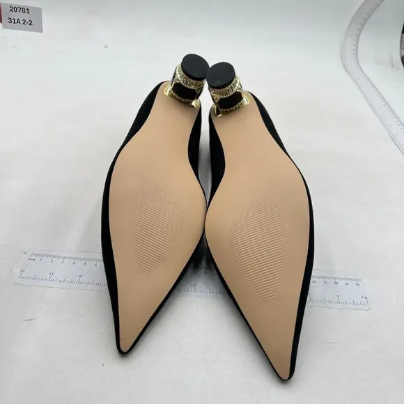 FSJ Black Suede Bridal Pointed Toe Chunky Low Heel Crystal Slip on Wedding Pumps