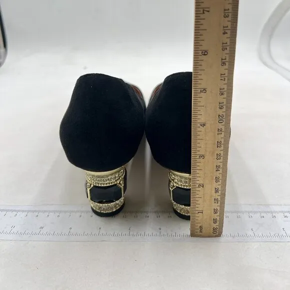 FSJ Black Suede Bridal Pointed Toe Chunky Low Heel Crystal Slip on Wedding Pumps