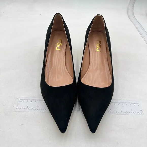 FSJ Black Suede Bridal Pointed Toe Chunky Low Heel Crystal Slip on Wedding Pumps