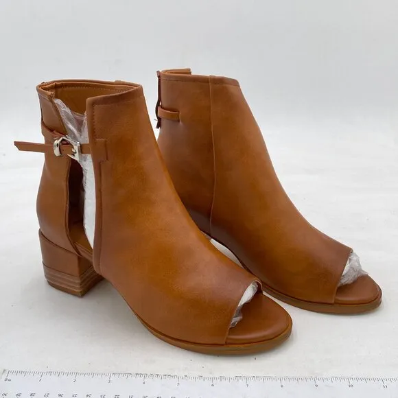 FSJ Brown Peep Open Toe Sandals Boot Cut Out Buckle Ankle Boot Low Heel Shoes
