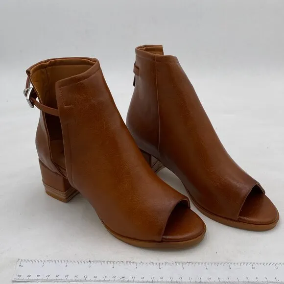 FSJ Brown Peep Open Toe Sandals Boot Cut Out Buckle Block Low Heel Ankle Bootie