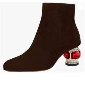 FSJ Caramel Suede Round Toe Crystal Chunky Low Heel Ankle Boots Side Zipper Shoe