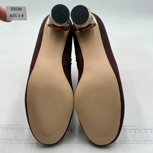 FSJ Caramel Suede Round Toe Crystal Chunky Low Heel Ankle Boots Side Zipper Shoe