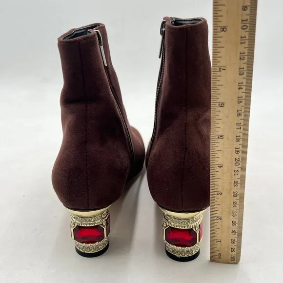 FSJ Caramel Suede Round Toe Crystal Chunky Low Heel Ankle Boots Side Zipper Shoe