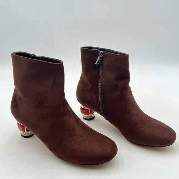 FSJ Caramel Suede Round Toe Crystal Chunky Low Heel Ankle Boots Side Zipper Shoe