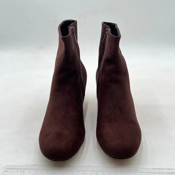 FSJ Caramel Suede Round Toe Crystal Chunky Low Heel Ankle Boots Side Zipper Shoe