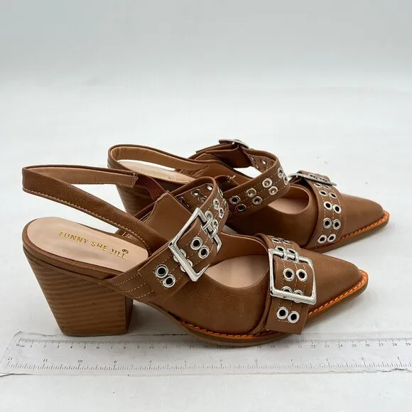 FSJ Light Brown Slingback Buckle Strap Pointed Toe Slip On Chunky Heel Pump