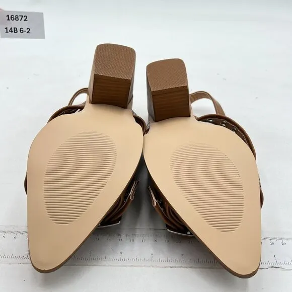 FSJ Light Brown Slingback Buckle Strap Pointed Toe Slip On Chunky Heel Pump