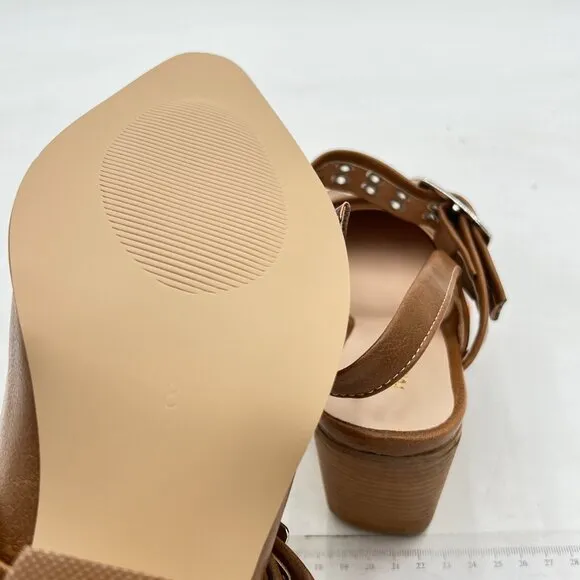 FSJ Light Brown Slingback Buckle Strap Pointed Toe Slip On Chunky Heel Pump
