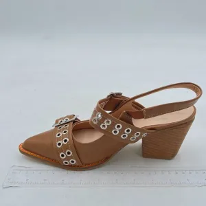 FSJ Light Brown Slingback Buckle Strap Pointed Toe Slip On Chunky Heel Pump