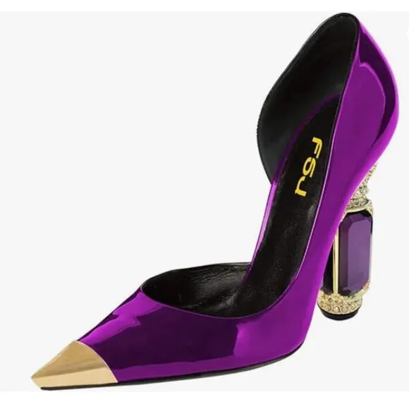 FSJ Purple Bridal Pointed Toe High Heel Crystal Pumps Slip on Wedding Dress Shoe