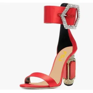 FSJ Red Open Toe Stylish Sandal Ankle Strap Crystal High Thick Heel Wedding Shoe