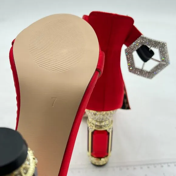 FSJ Red Open Toe Stylish Sandal Ankle Strap Crystal High Thick Heel Wedding Shoe