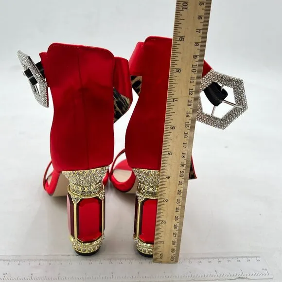 FSJ Red Open Toe Stylish Sandal Ankle Strap Crystal High Thick Heel Wedding Shoe