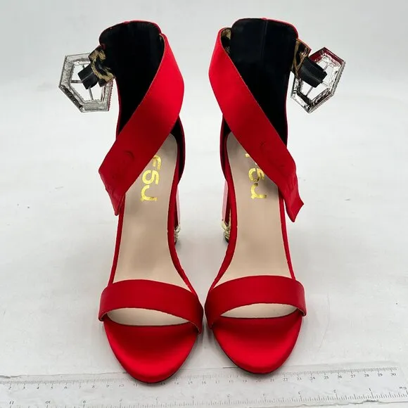 FSJ Red Open Toe Stylish Sandal Ankle Strap Crystal High Thick Heel Wedding Shoe