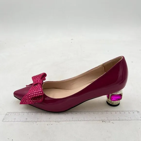 FSJ Violet Pointed Toe Crystal Pump Rhinestone Bow Block Low Heel Slip On Shoes