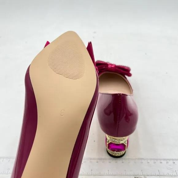 FSJ Violet Pointed Toe Crystal Pump Rhinestone Bow Block Low Heel Slip On Shoes