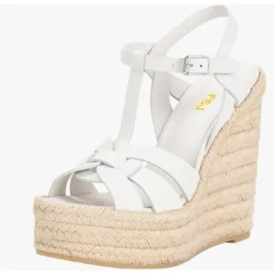 FSJ White Open Toe Espadrille Platform Ankle Strap Wedge Woven Cutout Sandals