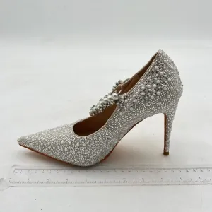 FSJ White Pointed Toe One Strap with Pearls Sandals Stiletto Heel Ladies Shoes