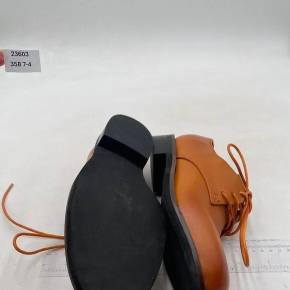 FSJ Women Brown Leather Classic Lace up Flat Oxford Low Heel Round Toe Casual