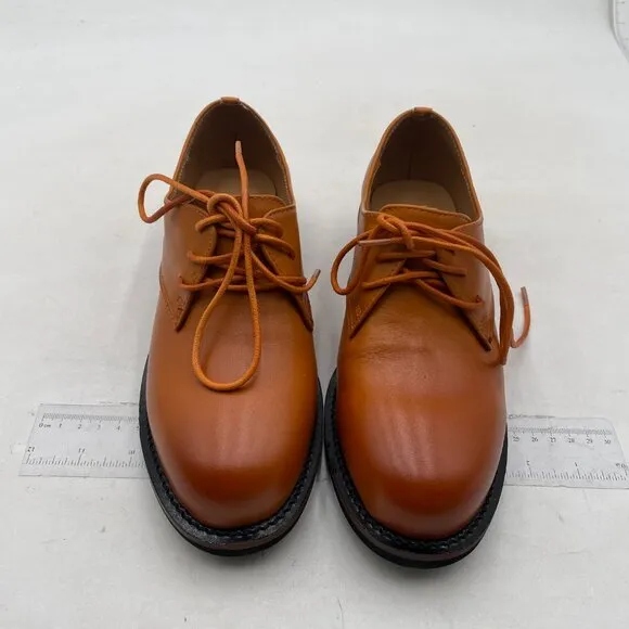 FSJ Women Brown Leather Classic Lace up Flat Oxford Low Heel Round Toe Casual