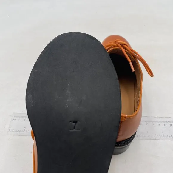 FSJ Women Brown Leather Classic Lace up Flat Oxford Low Heel Round Toe Casual