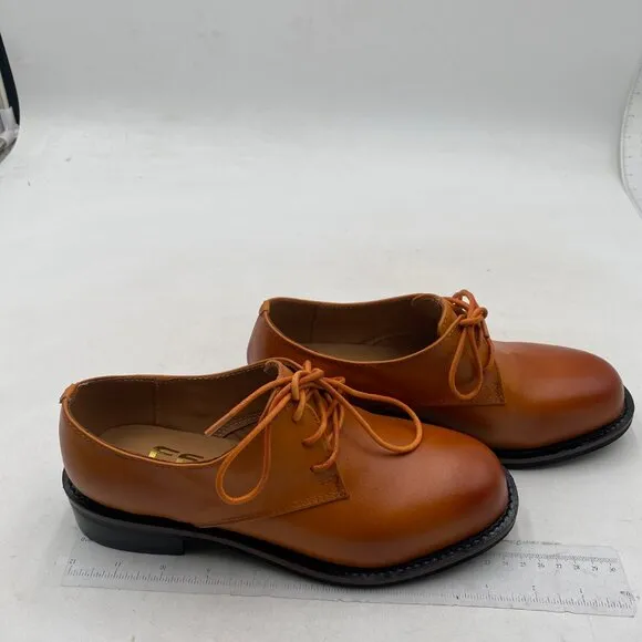 FSJ Women Brown Leather Classic Lace up Flat Oxford Low Heel Round Toe Casual