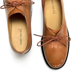 FSJ Women Brown Leather Classic Lace up Flat Oxford Low Heel Round Toe Casual
