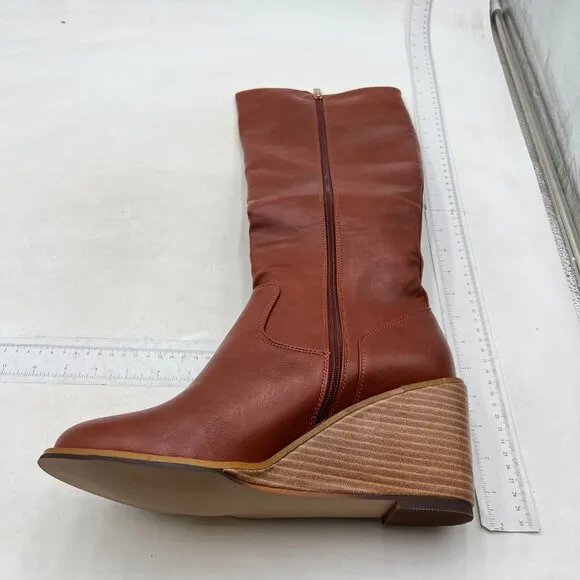 FSJ Women Comfortable Side Zipper Wedge High Heel Point Toe Fancy ,Brown Shoes