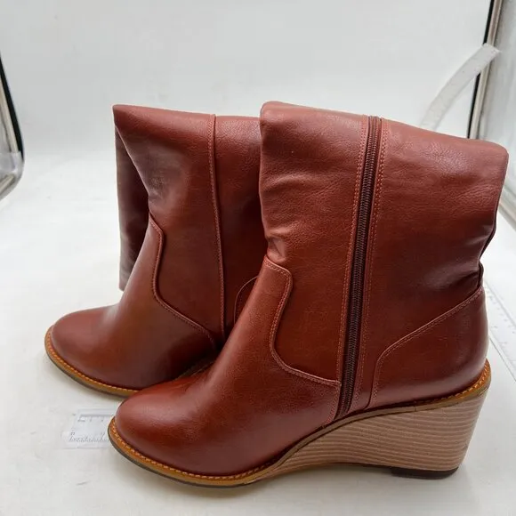 FSJ Women Comfortable Side Zipper Wedge High Heel Point Toe Fancy ,Brown Shoes