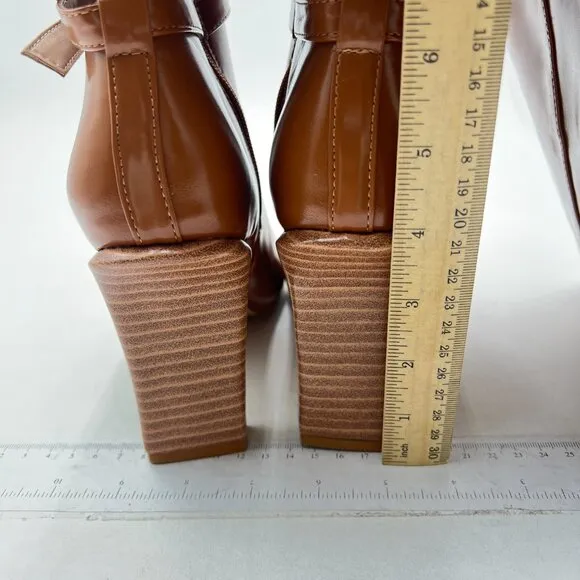 FSJ Women Fashion Knee High Long Boots Pull On Closed Toe Chunky Mid Heel Brown