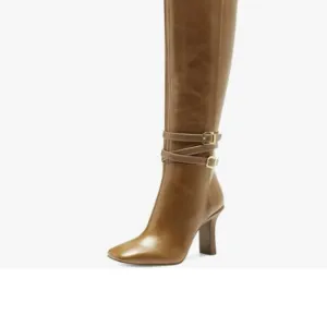FSJ Women Fashion Knee High Long Boots Pull On Closed Toe Chunky Mid Heel Brown