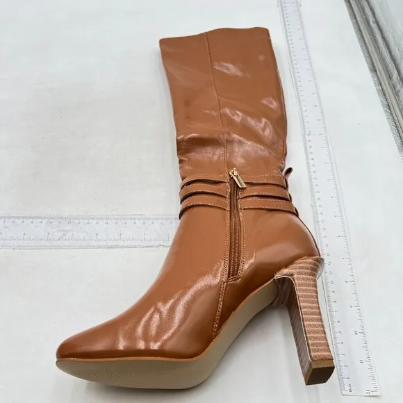 FSJ Women Fashion Knee High Long Boots Pull On Closed Toe Chunky Mid Heel Brown