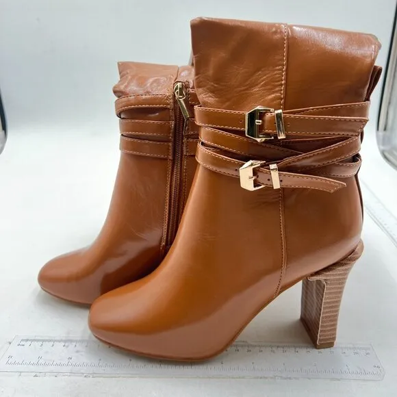 FSJ Women Fashion Knee High Long Boots Pull On Closed Toe Chunky Mid Heel Brown
