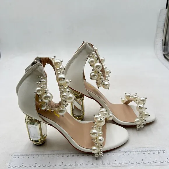 FSJ Women Open Toe Stylish Sandal Ankle Strap Chunky Block High Heels White Shoe