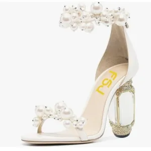 FSJ Women Open Toe Stylish Sandal Ankle Strap Chunky Block High Heels White Shoe
