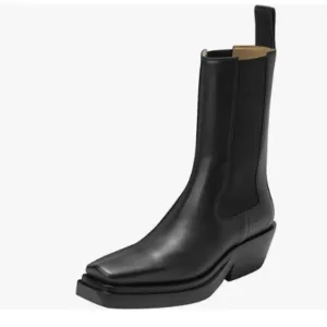 FSJ Women Square Toe Ankle Chelsea Booties Chunky Low Heel Short Black Boots