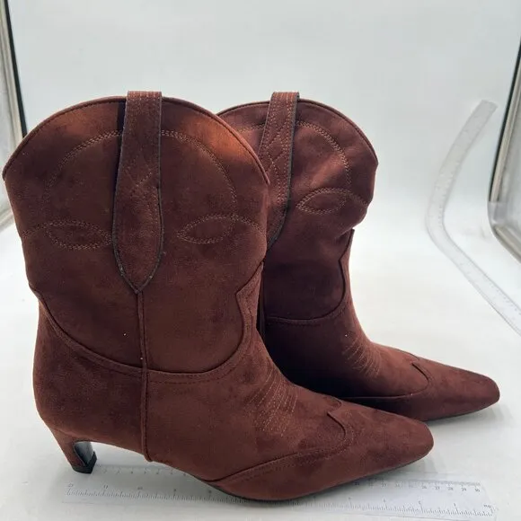 FSJ Women Square Toe  Kitten Low Heel Ankle Boot Pull On Bootie Brown Winter