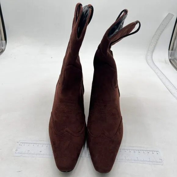 FSJ Women Square Toe  Kitten Low Heel Ankle Boot Pull On Bootie Brown Winter