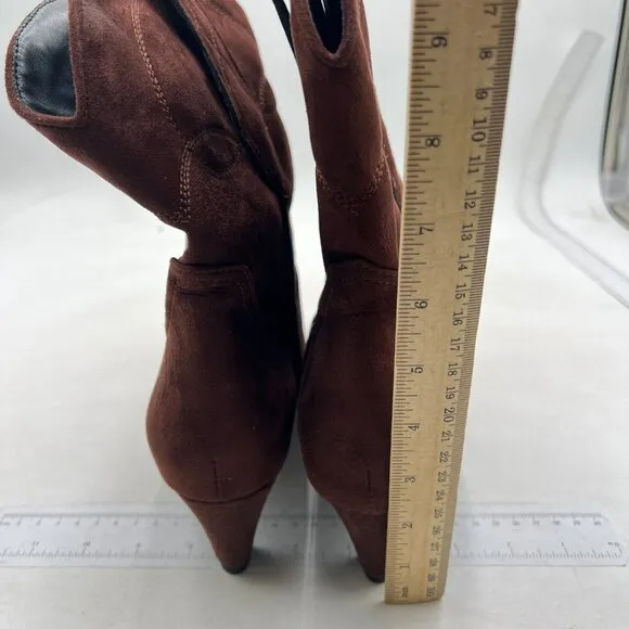 FSJ Women Square Toe  Kitten Low Heel Ankle Boot Pull On Bootie Brown Winter