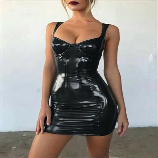 Get Ready to Turn Heads with Our Black Sexy Faux Leather Backless Club Party Short Wet Look Micro Dress